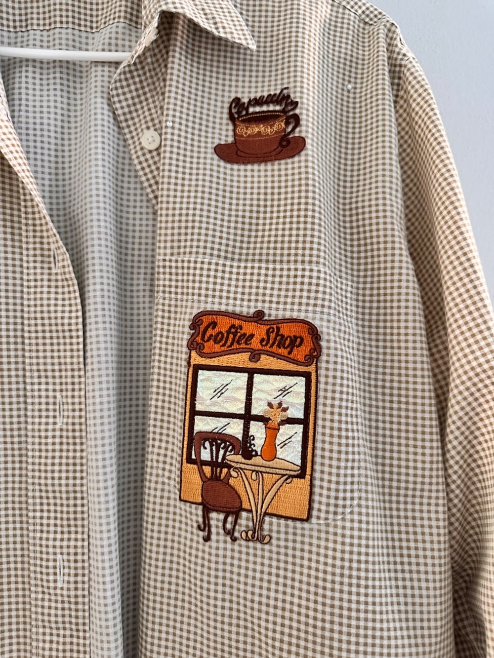 Vintage Coffee Embroidered Gingham Button Up Shirt Café Aesthetic Brown Beige Si - Picture 3 of 5